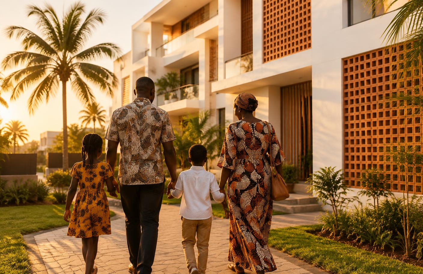 Famille devant un immeuble de Dabou Smart City
